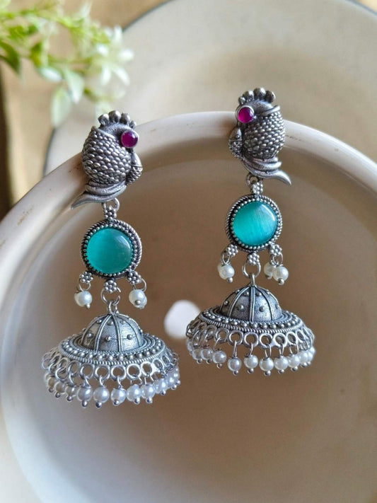 Turquoise Stones Peacock Jhumkas