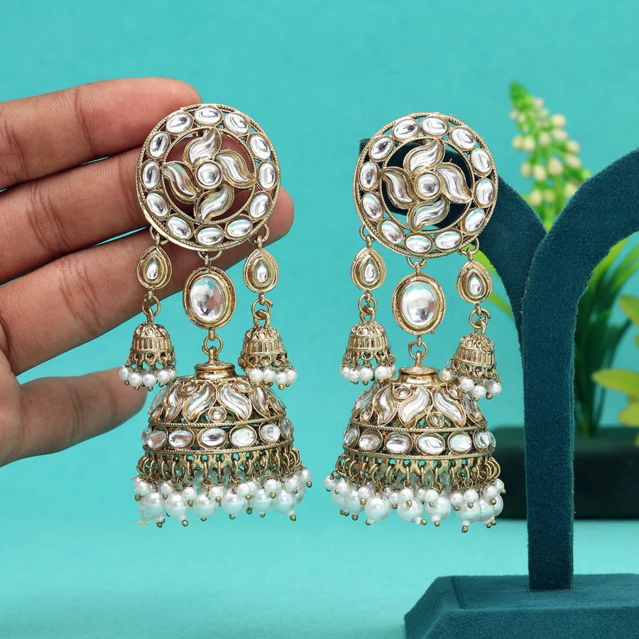 White Color Big Size Jhumka Kundan Earrings - Supermacchi Jewellery Collections