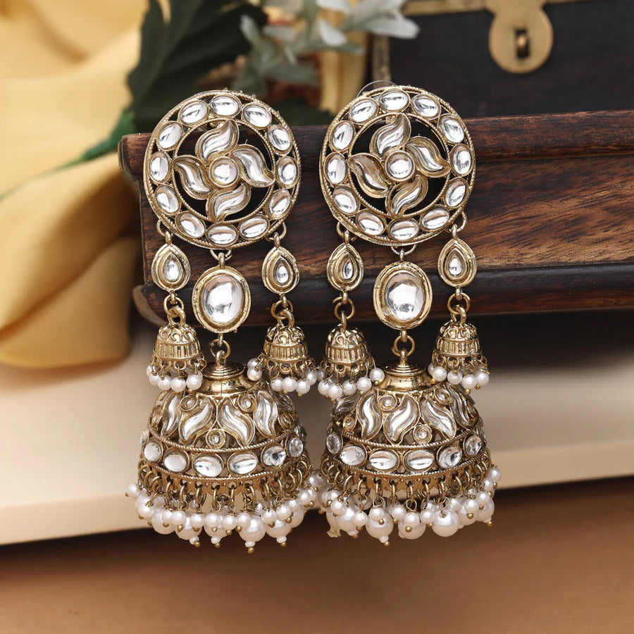 White Color Big Size Jhumka Kundan Earrings - Supermacchi Jewellery Collections