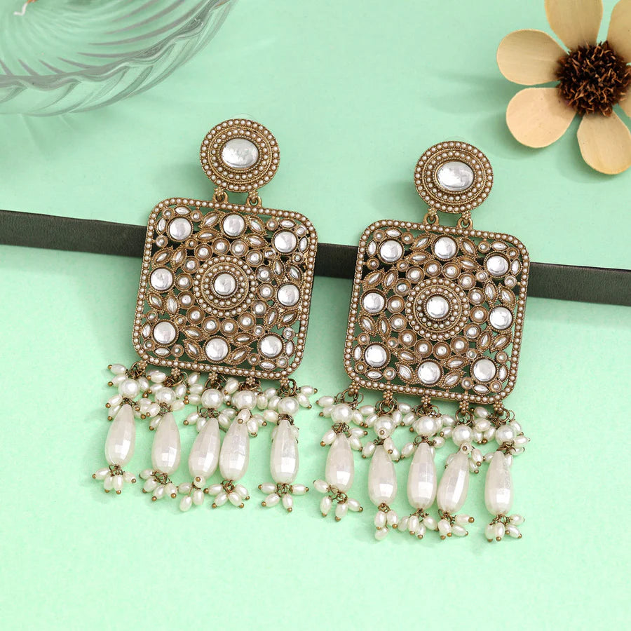 White Color Square Shape Kundan Earrings