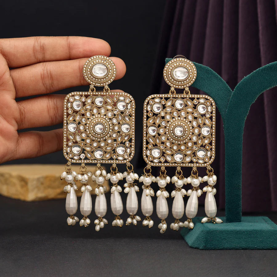 White Color Square Shape Kundan Earrings