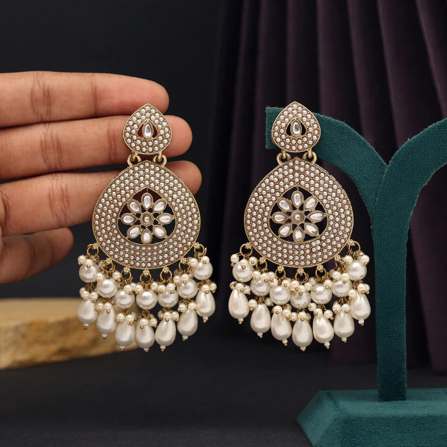 White Color Kundan with Pearls Earrings