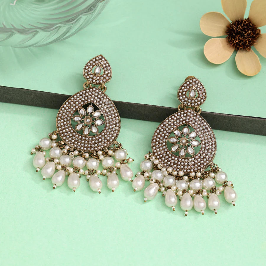 White Color Kundan with Pearls Earrings