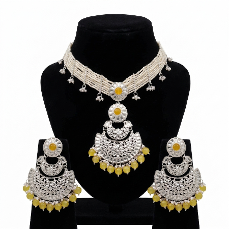 White Beads &amp; Yellow Kundan Choker Set for Women