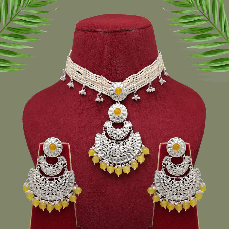 White beads and Yellow Kundan Choker Set