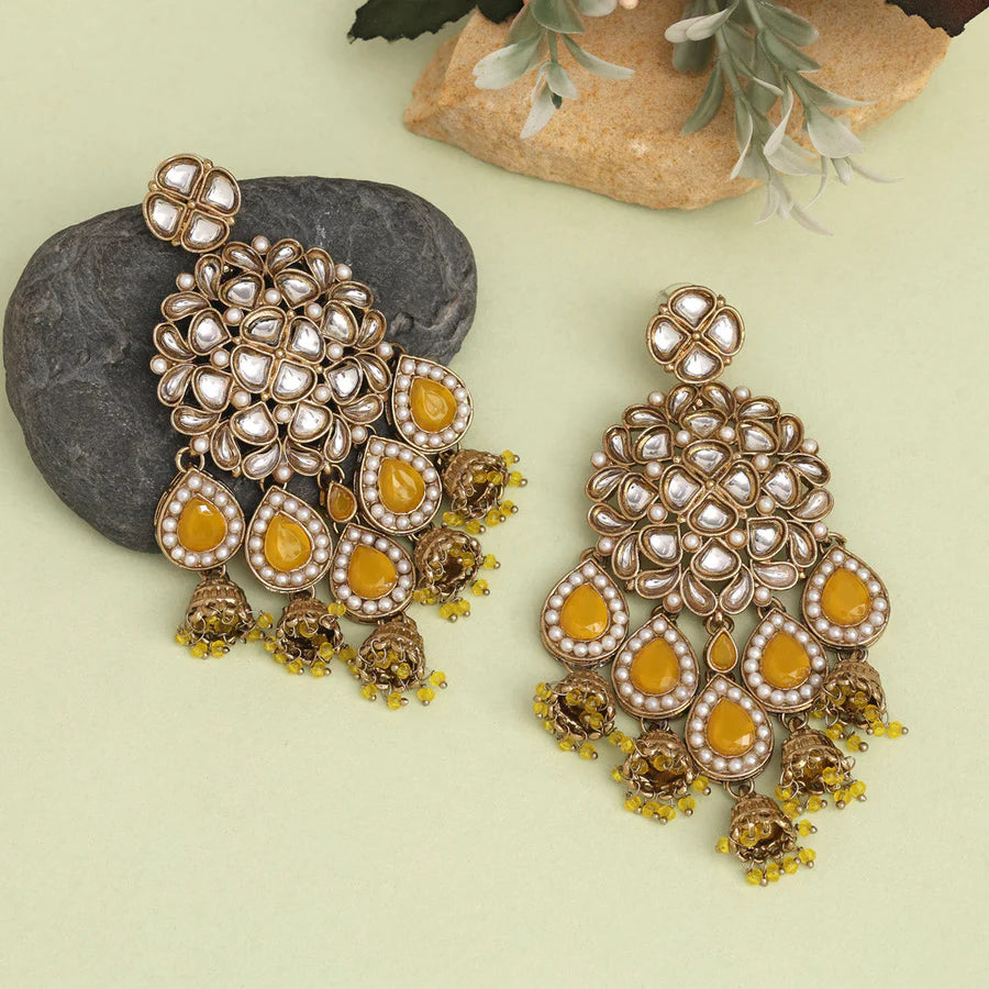 Yellow Color Kundan Earrings