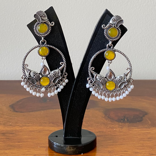 Yellow Stones Elephant Theme Oxidised Hoop Earrings