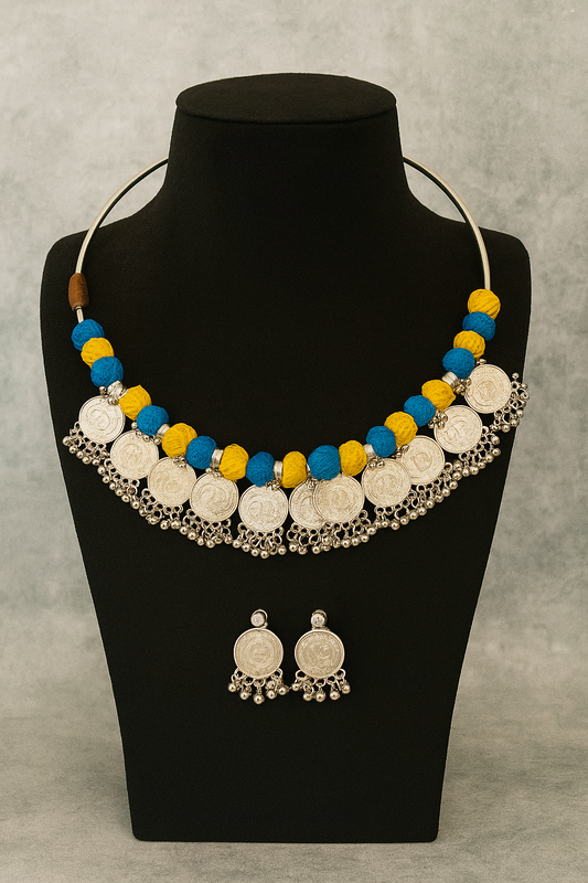 Silver Coin Choker Necklace Set with Blue and Yellow Thread Beads