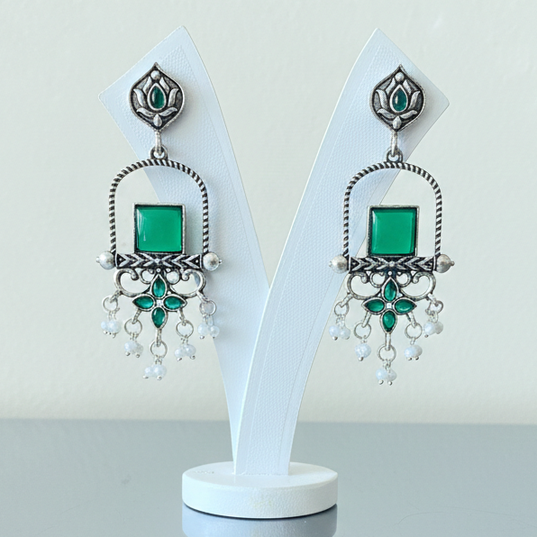 green stone oxidised earrings