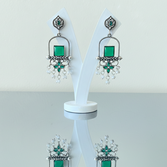 green stone oxidised earrings